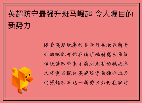 英超防守最强升班马崛起 令人瞩目的新势力