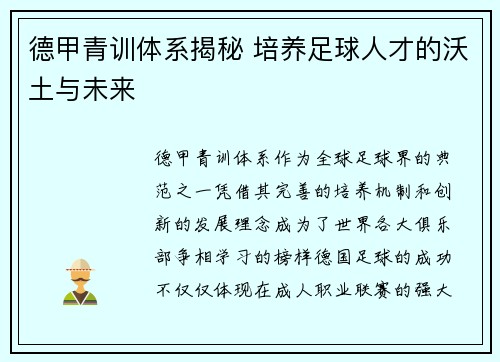 德甲青训体系揭秘 培养足球人才的沃土与未来